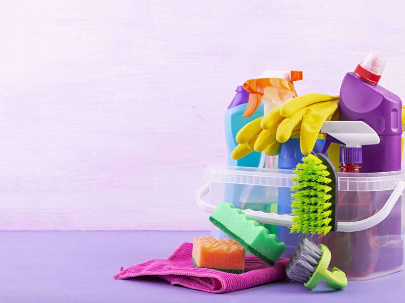 Cleaning service concept. Colorful cleaning set for different surfaces