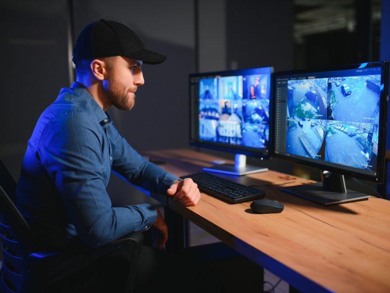 Rear view of security system operator looking at CCTV footage at desk in office