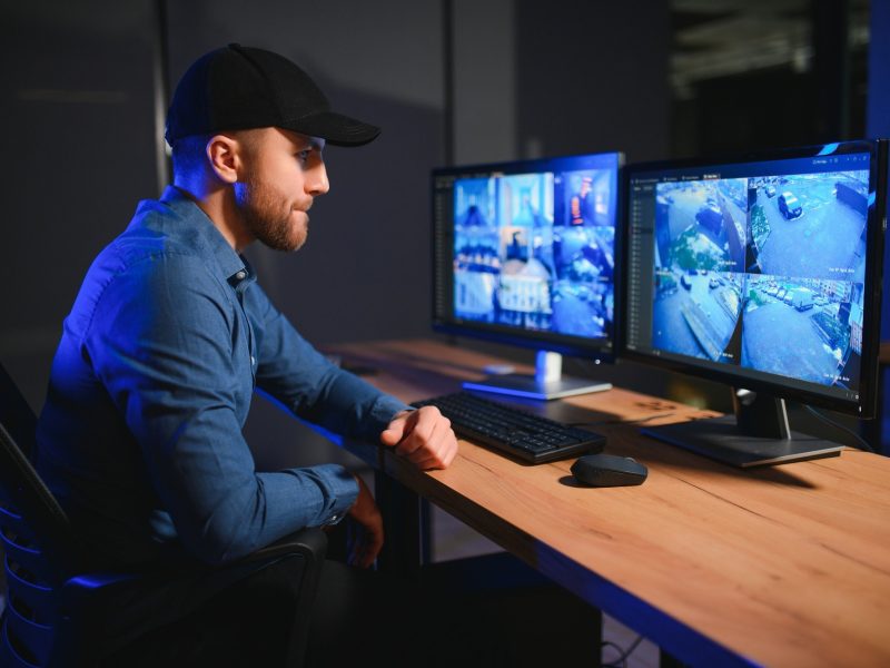 Rear view of security system operator looking at CCTV footage at desk in office