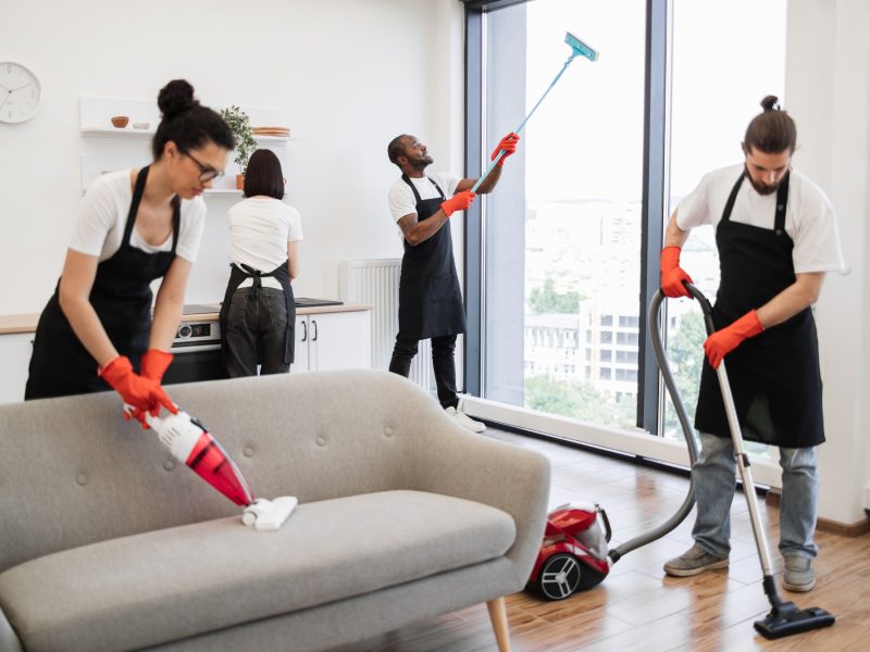 Team of service workers cleaning sofa, carpet, cuisine table and panoramic window.